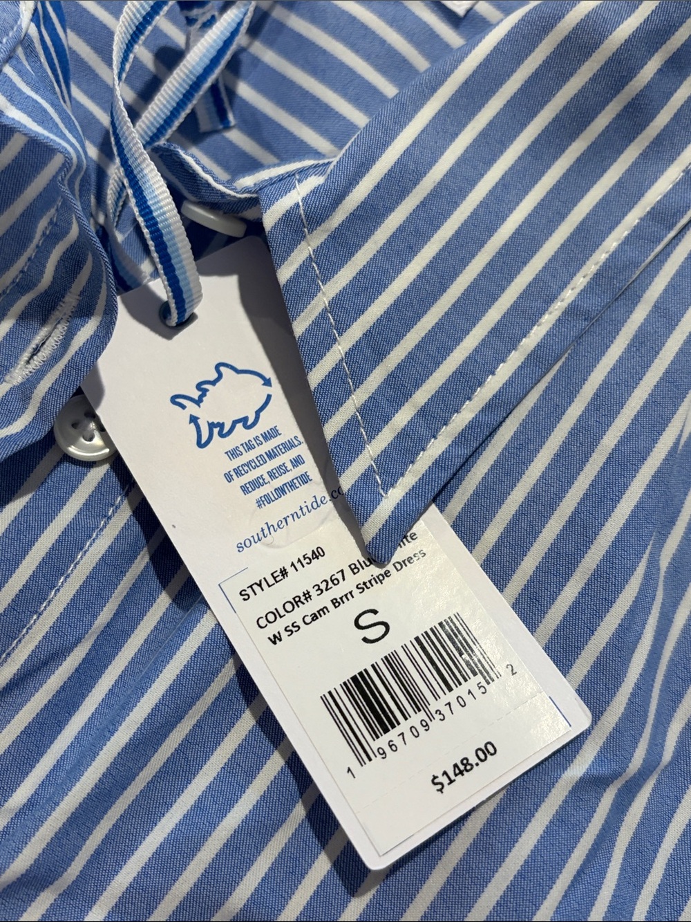 Southern Tide Blue and White Vertical Stripe Short-Sleeve Button-Down - Picture 3 of 7